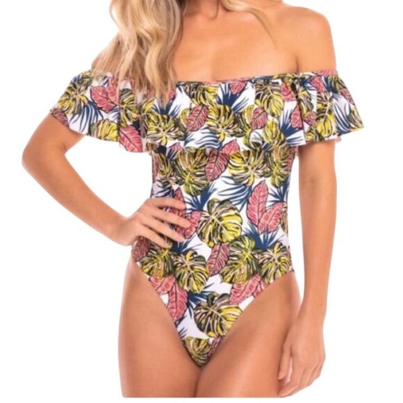 Cabana Del Sol One Piece Swimsuit Off the Shoulder Palm Floral Womens Small NWT - Picture 1 of 12